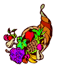 Lots of fruits and vegeatable in a horn of plenty.