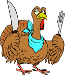 Turkey says "Hey where's the pumpkin pie?"