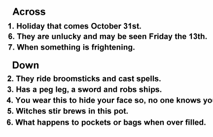 Text clues for halloween Poem Crossword.
