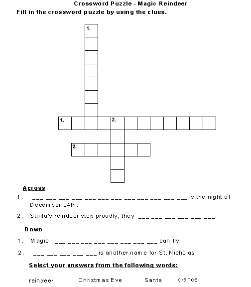 Magic Reindeer kids Crossword Fill-in  hints at bottom