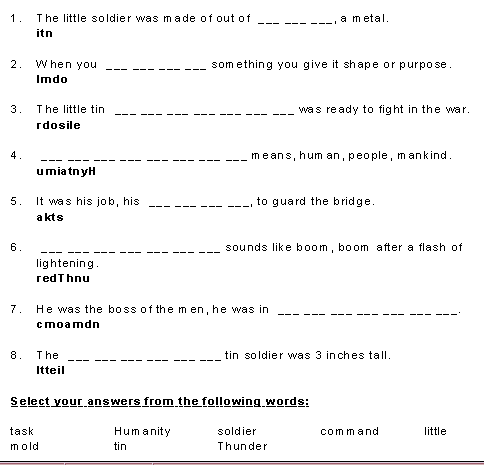 Scrambled  Words with Hints Little Tin Soldier