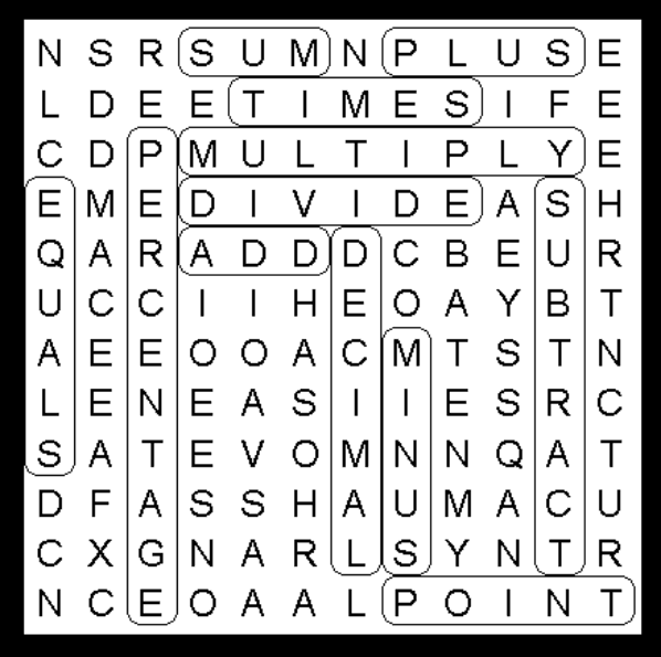 Arithmetic Word Search Puzzle Solution for Kids