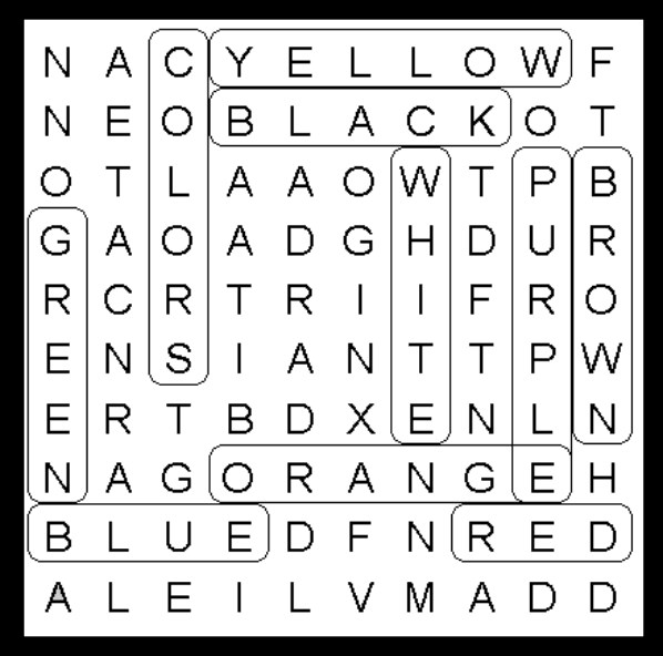 Colors Word Search Puzzle Solution for Kids