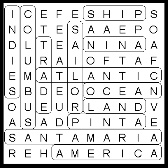 Columbus Day Kids Wordsearch Puzzle Solution