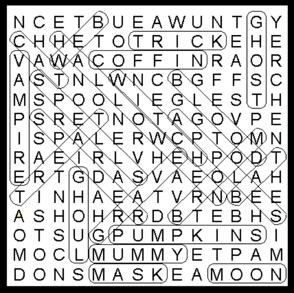 Solution to Halloween Middies Word Search Puzzle.