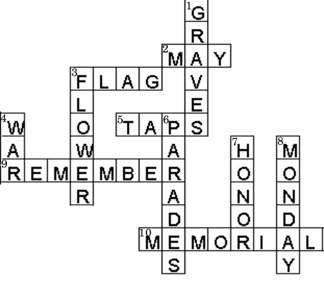 Memorial Day Kids Crossword Puzzle Solution