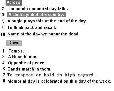 Memorial Day Kids Crossword Clues