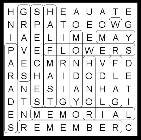 Memorial Day Kids Word Search Solution
