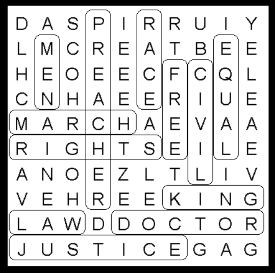 Martin Luther King Solution 12 word Kids Word Search