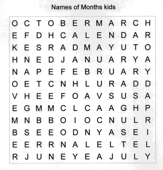 Kid's Calendar Word Search Puzzle