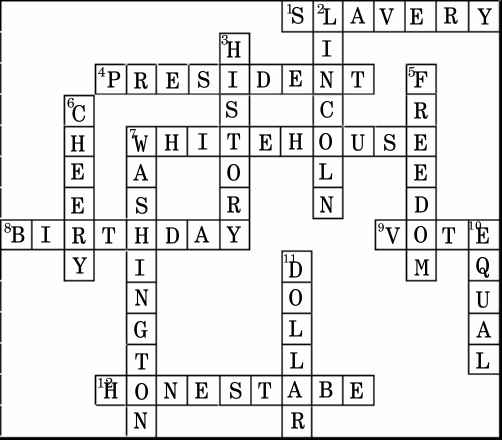 President's Day Easy Kids Cross Word Solution