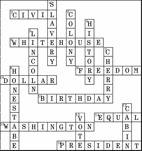 President's Day Kids or Middies Cross Word Solution