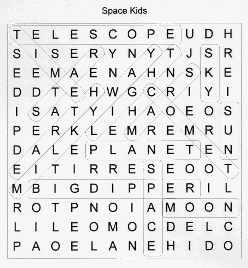solution Kid's Space Word Search Puzzle