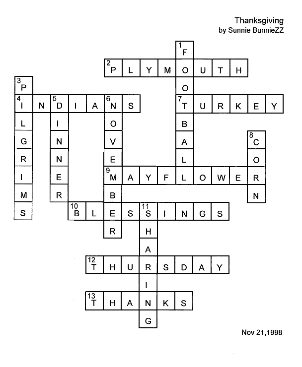 Thanksgiving crossword Kids Puzzle solution.