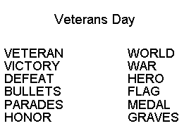 Veteran's Day Kids Word search words to find.