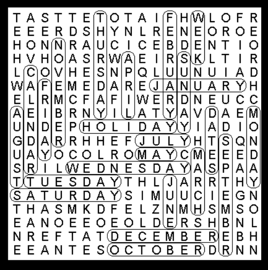 Calendar Word Search Puzzle Middies Solution
