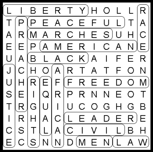Solution to Martin Luther King Kids 16 Word Search Puzzle.
